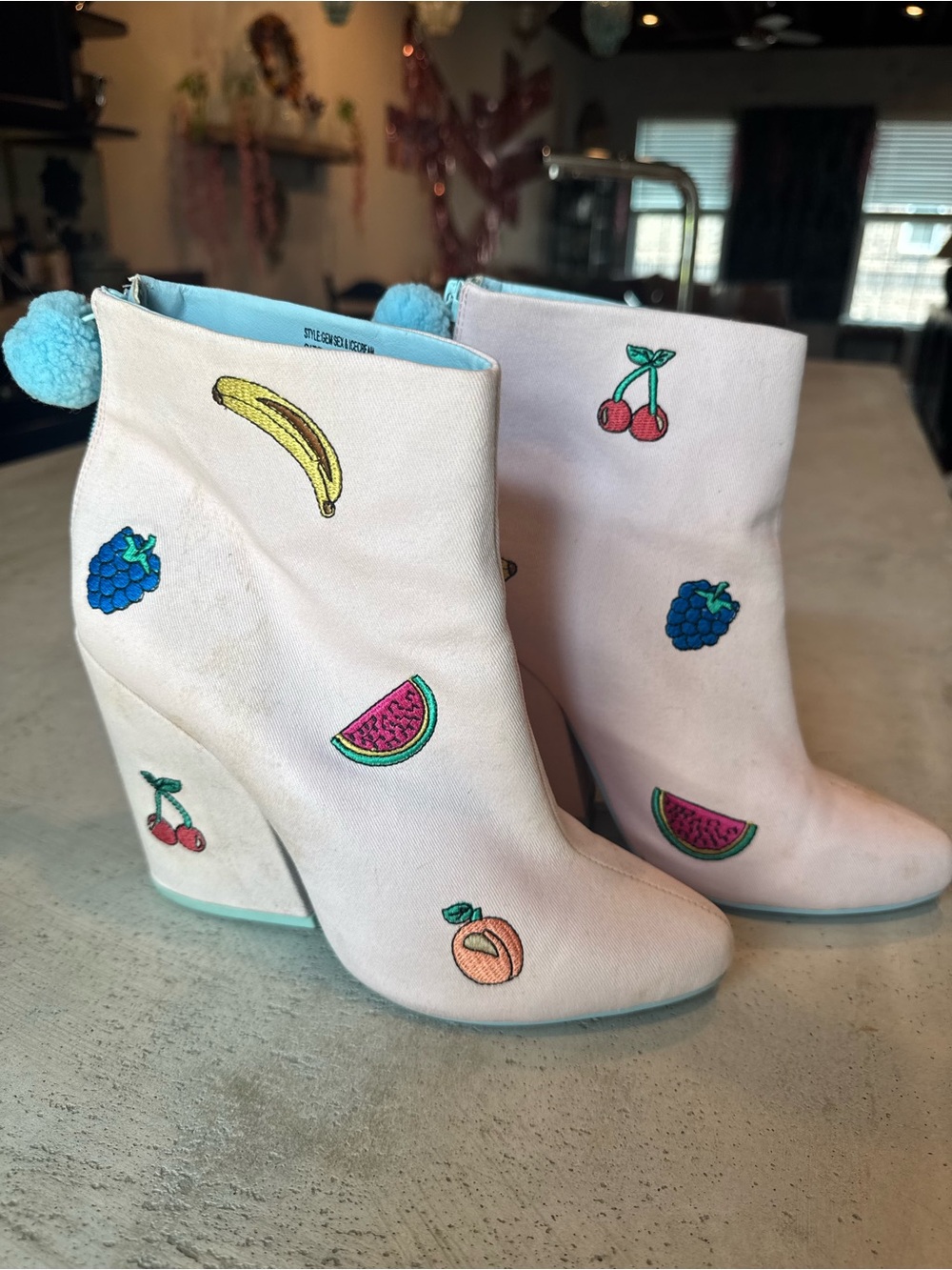 Light Pink Fruit Patch Embroidered Ankle Boots
